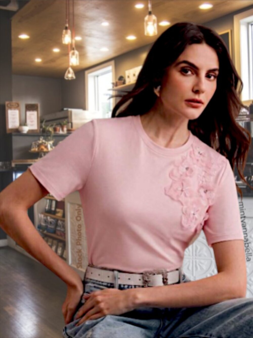 Everlynn Tee In Soft Pink Lace and Pearl Appliqué